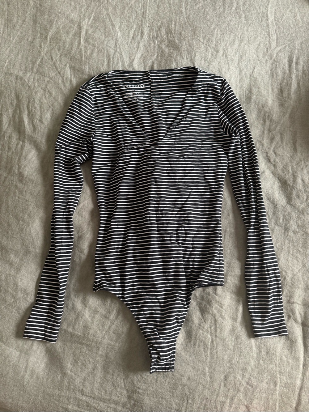 Everlane Black & White Striped Long-Sleeve V-Neck Bodysuit